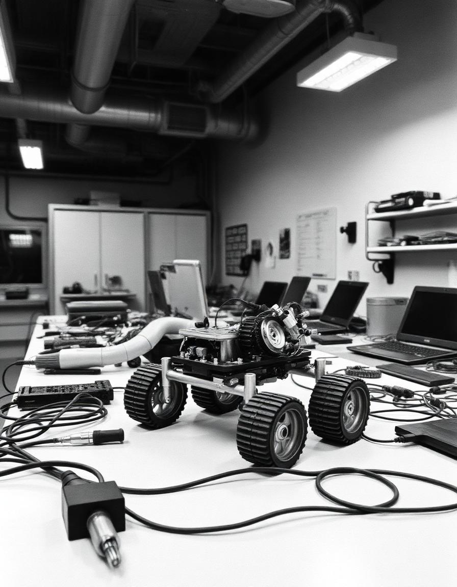 Rover de exploración prototipo sobre una mesa de trabajo rodeada de cables y laptops