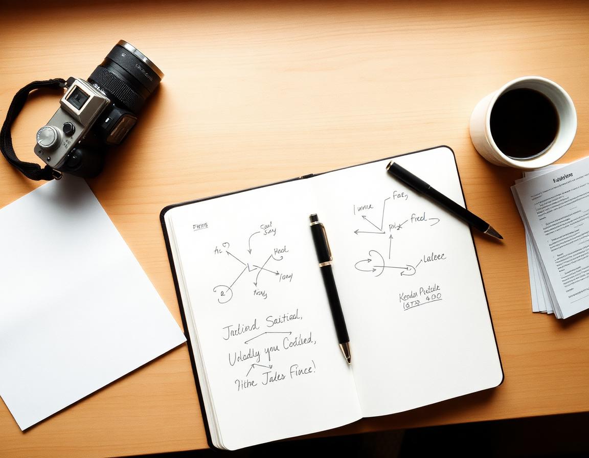 Cuaderno abierto con diagramas de flujos, cámara analógica y café