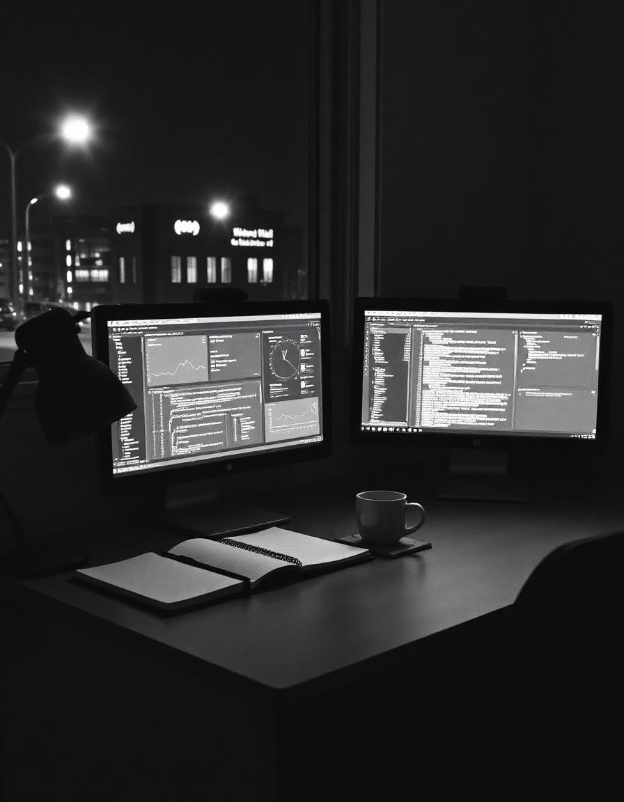 Escritorio nocturno con dos monitores mostrando dashboards y código